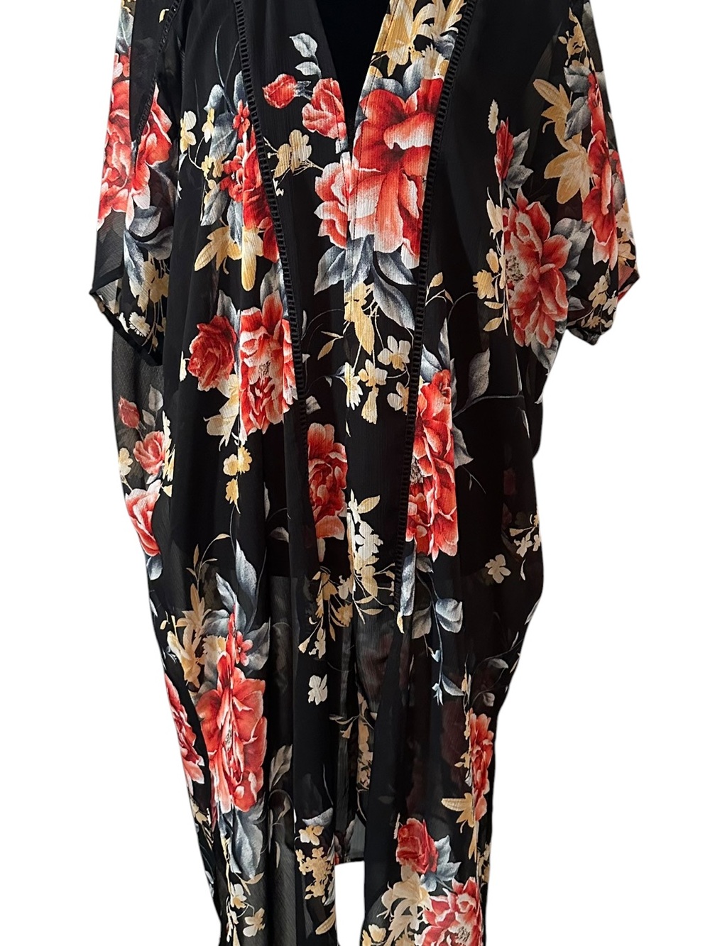 Band of Gypsies Black Floral Kimono with Red and Cream Blooms